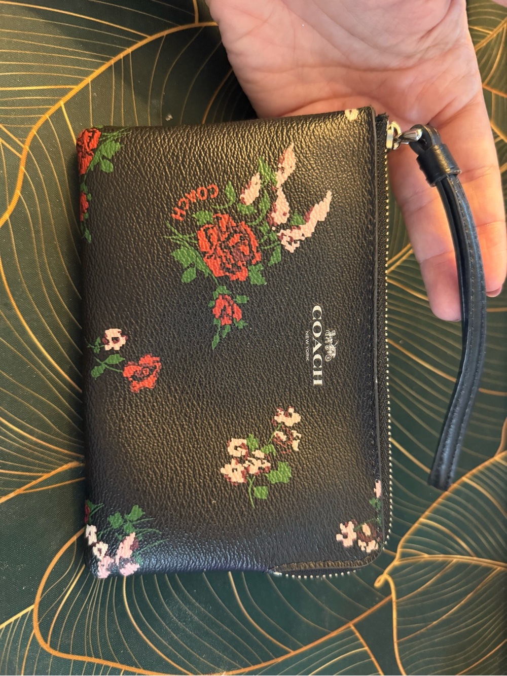 Coach Black Floral Wristlet with Red & Pink Roses